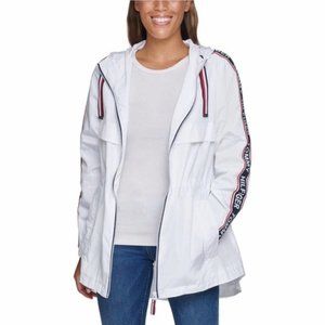 TOMMY HILFIGER Hooded Long Windbreaker Jacket in White - NWT - Size Small